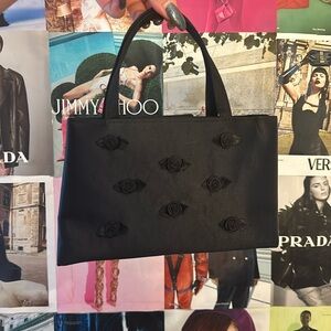 Y2K Vintage Formal Prom Black Satin Rose Appliqué Necklace Purse